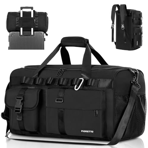 FIORETTO Women's Men's Water-Resistant Gym Duffle Bag with Shoes Compartment, 45L Capacity, Multi-Functional, Ideal for Travel, Gym, Sports, Weekender, Black