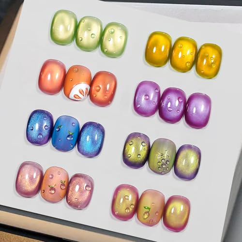 MIZHSE Cat Eye Gel Nail Polish, Fruit Colors Magnetic Gel Polish Set with Magnet, Neon Cateye Effect Green Purple Yellow Soak Off Nail Art Manicure Home Gift for Ladies