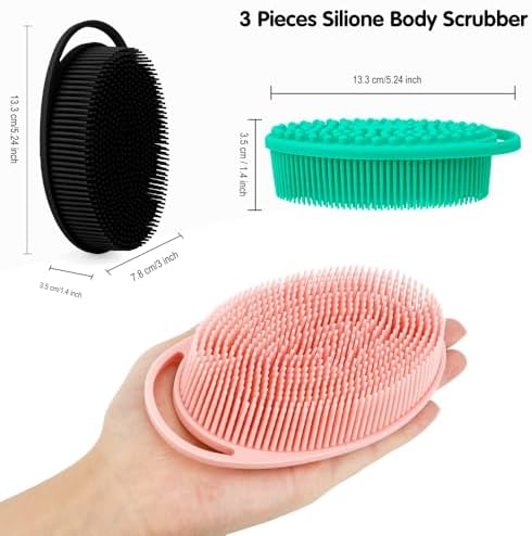 3 Pack Silicone Body Scrubber, Silicone Loofah Exfoliating Soft Body Scrubber, Silicones Body Brush Bath Shower Scrubber for Body, 2 in 1 Bath and Shampoo Wash Brush for Skin Exfoliation Men Women