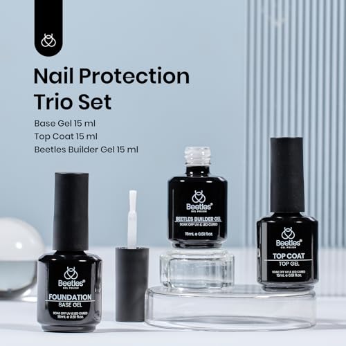 Beetles Builder Nail Gel & Top Coat and Base Coat Set-3Pcs 15ml White Gel Nail Polish Strengthener Gel Polish Soak Off UV LED for Nail Extension, Nail Repair, Shine Effect Long Lasting