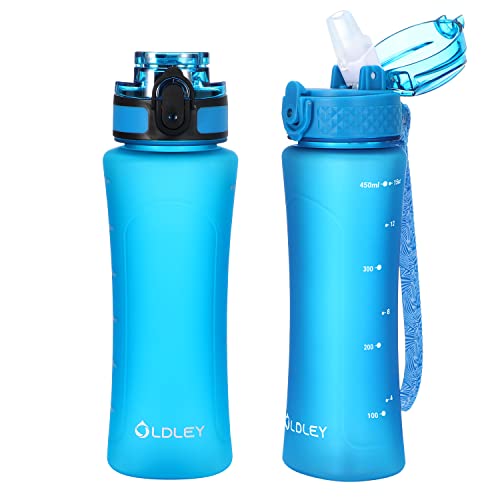 OLDLEY Kids Water Bottle for School with Straw Chug Lid, 15 oz Unbreakable Leak-Proof BPA-Free Motivational Water Bottles with Time Marker for Travel Sports Gym, 2 Lids, Blue
