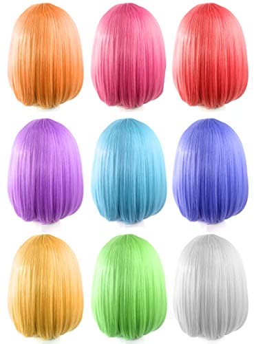 9 Pieces Short Bob Hair Wigs Candy Colored Costume Cosplay Wigs Daily Party Hairpiece for Women Girls - Bachelorette Party Decorations, Favors, Supplies
