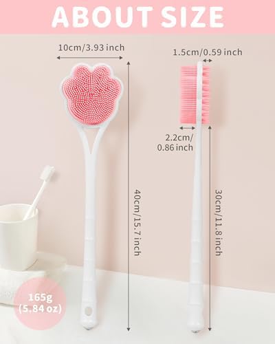 Manmihealth 15.7" Cute Silicone Back Scrubber & Soft Shower Brush Face Scrubber Set (3 PCS), Paw-Shaped Silicone Back Brush & Body Facial Scrubber with Super-Soft Bristles Combination(PinkSet)