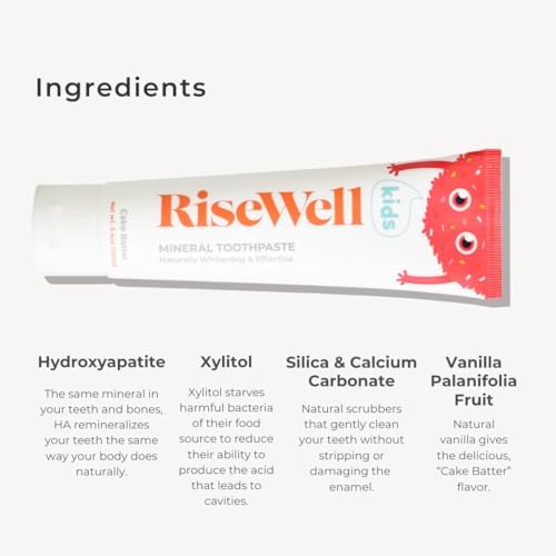 RiseWell Kids Mineral Toothpaste - Kids Hydroxyapatite Toothpaste - Made by Dentists, Safe to Swallow, No Added Fluoride and All Natural - Cake Batter Flavor, 3.4 Oz