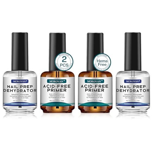 Morovan Nail Prep Dehydrator and Primer, Natural 4 PCS Dehydrator & Acid-Free Bond Primer for Acrylic Powder U V Extension Gel Nail Supplies Set