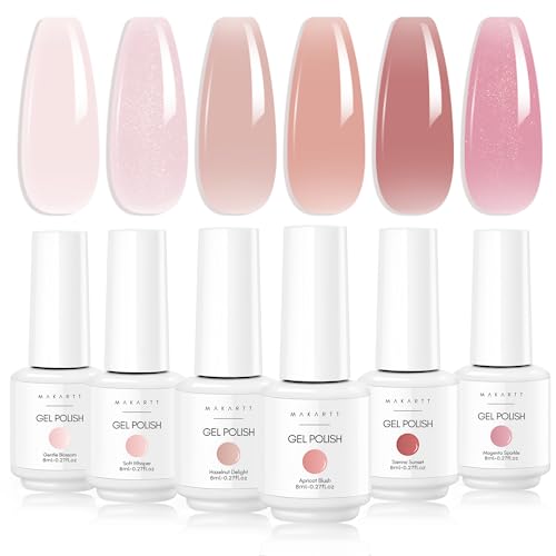 Makartt Gel Nail Polish Set, 6PCS 8ml Natural Nude Jelly Pink Milky White Soak Off UV/LED Gel for DIY Manicure & Nail Art Designs, Home & Salon Use
