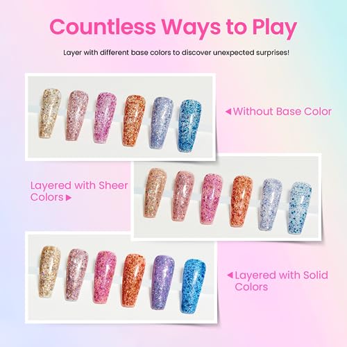 Beetles Glitter Gel Nail Polish 6 Colors Orange Gold Hot Pink Blue Shimmer Silver Colors Sparkly Shiny UV Gel LED Nail Lamp Gel Polish Kit for Home DIY Nail Designs