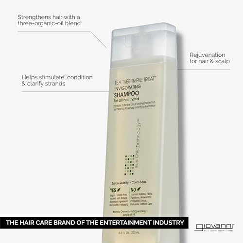 GIOVANNI Tea Tree Triple Treat Invigorating Shampoo - Cooling Peppermint, Eucalyptus & Rosemary, Helps Strengthen & Rejuvenate Hair & Scalp, Salon Quality, Paraben Free - 8.5 oz (1 Pack)