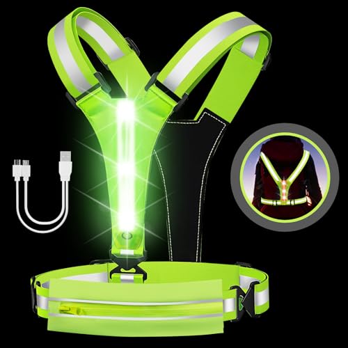 LOYAL SEA LED Reflective Light Up Safety Running Vest for Biking Walking at Night, High Visible Adjustable Running Light for Runners Rechargeable with Pouch, Reflective Running Belt Gear for Women