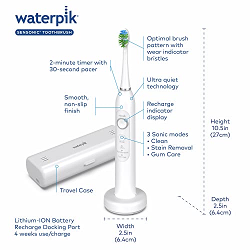 Waterpik Sensonic Sonic Electric Toothbrush, Rechargeable Toothbrush for Adults with 3 Modes, Travel Case, USB Charger, White STW-03W020, Packaging May Vary