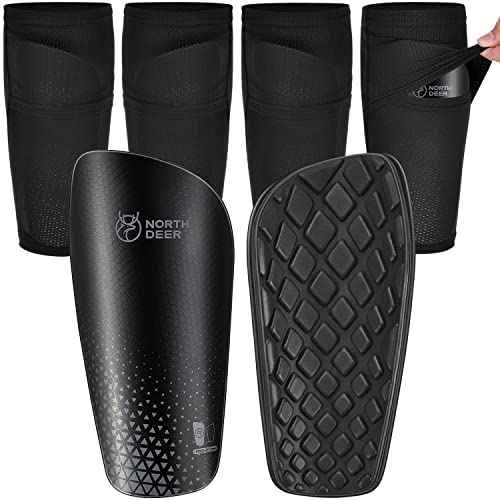 Northdeer Soccer Shin Guards for Kids incl. 2 Pair of Sleeves with Optimized Insert Pocket - Protective Soccer Equipment for Boys Girls Youth (Black S)