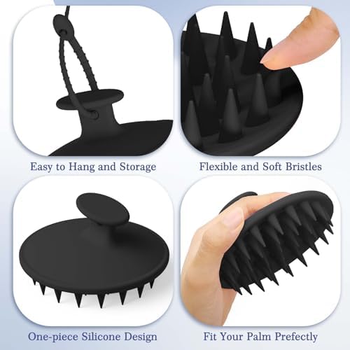 Manmihealth Silicone Back Scrubber & Soft Bath Glove, Silicone Scalp Massager Set 5 PCS, Super-Exfoliating Body Scrubber Shower Brush & Shampoo Brush Combination, with 2 Free Hooks (Style 1 Black)