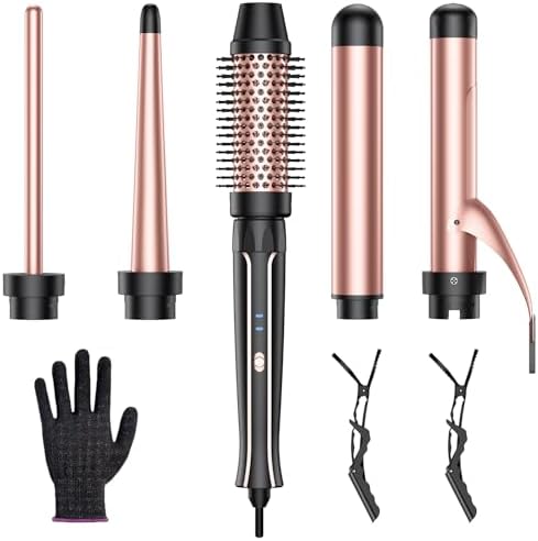 5 in 1 Curling Iron Set-Instant Heat Hair Curling Wand Set with Curling Brush,4 Interchangeable Ceramic Wands (0.35-1.25”) and Heat Protective Glove & 2 Clips for Girls and Women