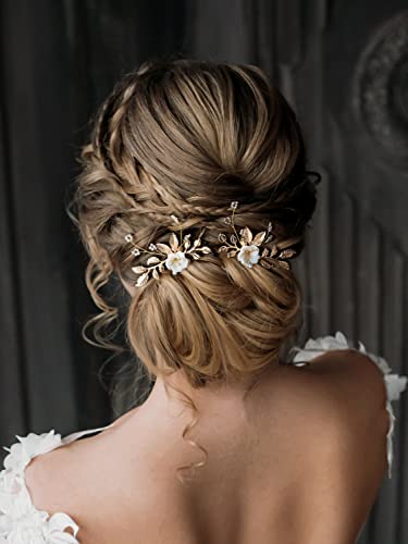 SWEETV 2Pcs Bridal Hair Accessories,Gold Wedding Hair Pins Pieces With White Flowers for Brides