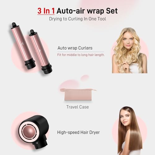 3 in 1 Air Styler with High-Speed Hair Dryer Brush & Air Wrap Curler for Curling, Negative Ions Frizz-Free Styling Drying, No Heat Damage, Fit for All Hair Types Hot Hair Styler with Travel Case