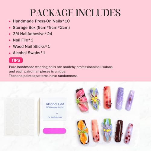 Flower Press on Nails Handmade Long Coffin Muti-Layer Gel Fake Nails Gradient Floral 3D Waterdrop Pattern Design Spring Summer Multicolor Thick False Nails French Tip Acrylic Nails for Women (Size S)