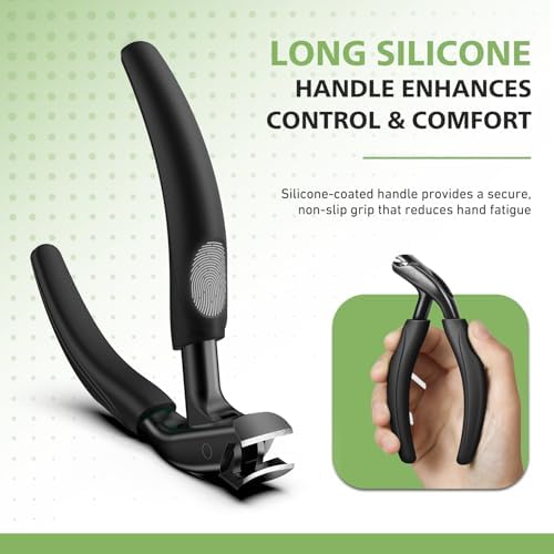 BALUCA Curved Head Toenail Clippers for Seniors for Thick Toenails, Long Handle Toe Nail Clippers with Catcher, German Stainless Steel Angled Nail Clippers with Silicone-Grip - Black