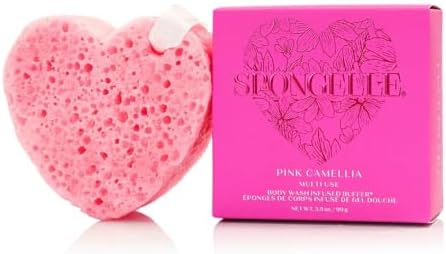 SPONGELLÉ Pink Camellia Body Buffer – All-in-One Exfoliating Sponge & Body Wash for Valentine's & Mother's Day Gifts