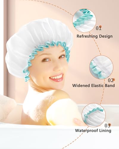 mikimini White Shower Caps for Women Long Hair,2 Pack,Large Size,Reusable,Waterproof Washable Hair Caps for Women and Girls, Super Cute and Extra Large