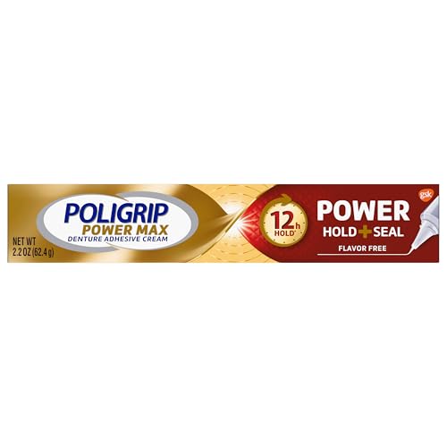 Super Poligrip Power Max Power Hold plus Seal Denture Adhesive Cream, Denture Cream for Secure Hold and Food Seal, Flavor Free - 2.2 oz