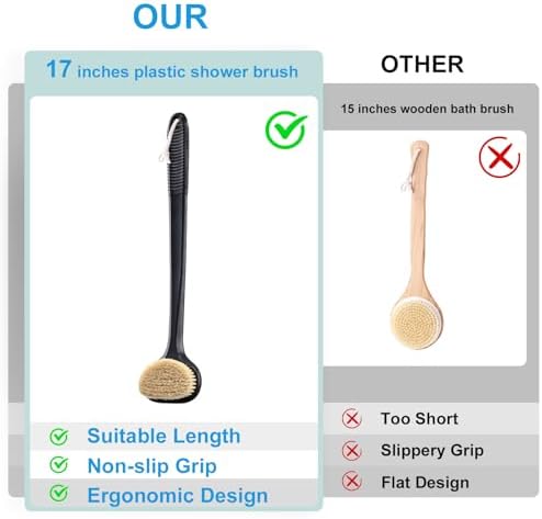 VANZAVANZU Dry Brushing Body Brush, 17-Inch Anti-Slip Handle Back Scrubber for Shower, Wet & Dry Brush with Natural Boar Bristles for Lymphatic Drainage, for Men & Women, Boar Bristles