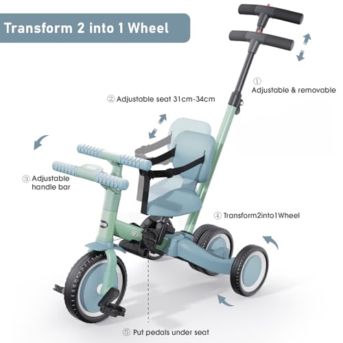 newyoo Toddler Tricycle with Push Handle for 1-3 Year Old, Toddler Bike, Birthday Toy for Boys & Girls, 5 in 1 Kids Trike, Balance Bike with Backrest & Safety Belt, Green, TR007