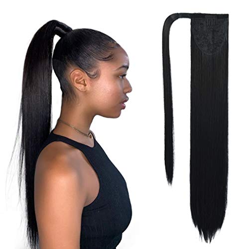 SEIKEA Clip in Ponytail Extension Wrap Around Long Straight Ponytail Natural Soft Synthetic Hairpiece for Women 20 Inch- Black