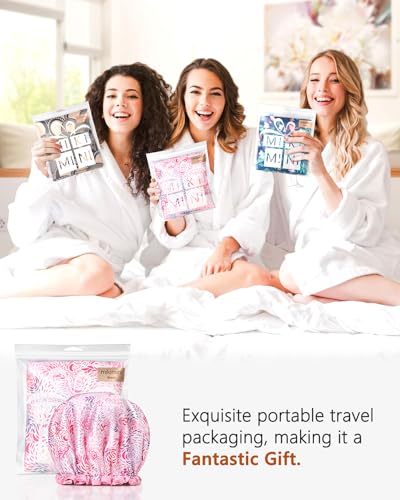 mikimini Shower Caps, Reusable Bath Shower Caps 2 Packs for Women Long Hair, Double Layer Waterproof Bathing Shower Hat for Girls, Floral Print