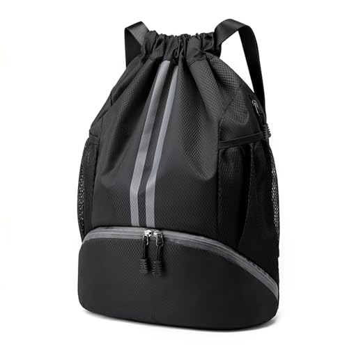 LOKAPEGY Black Drawstring Gym Bag for Men, Waterproof Drawstring Backpack for Women, Swim Bag with Shoes Compartment, Pull String Sport Bag for Soccer and Basketball.