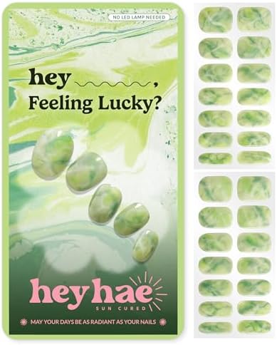 Semi Cured Gel Nail Strips | No LED Lamp Needed | Summer, Marble, Green | Easy Apply & Remove, Salon Quality | Includes 28 Strips, 1 Prep Pads, Nail File & Wooden Stick - Hey, Feeling Lucky?