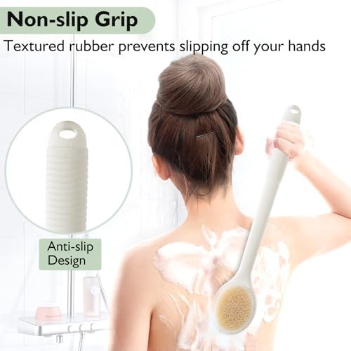 VANZAVANZU 17 Inch Back Scrubber for Shower, Anti-Slip Long Handle Shower Brush with Soft and Stiff Bristles, Exfoliating Bath Brush for Wet or Dry Brushing (Cream White)