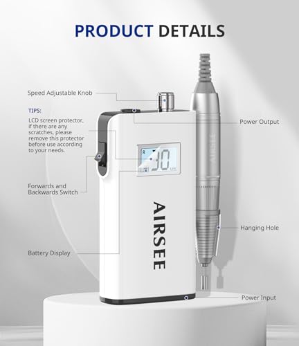 AIRSEE Rechargeable 30000RPM Electric Nail Drill Professional Portable E File Machine for Acrylic Nail Natural Extension Gel Nails Polish Cuticle, Cordless High Speed for Salon Home Use E8 White