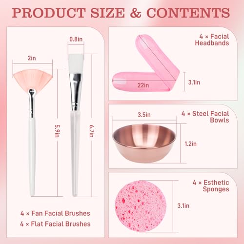 20Pcs Esthetician Facial Supplies Tools Set - Mask Applicator Tools, 4 Rose Gold Facial Bowls & 4 Facial Fan Mask Brushes & 4 Flat Brushes & 4 Sponges & 4 Headbands, Spa Party Favor, Mixing Facial Kit