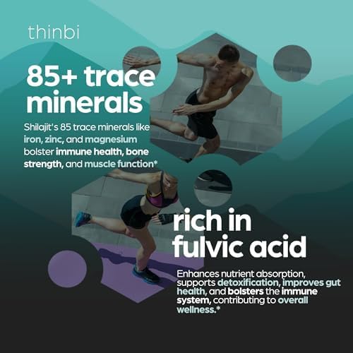 Thinbi Pure Himalayan Shilajit 10000mg Maximum Potency Organic Capsules 90 Count with Fulvic Acid & Trace Minerals for Enhanced Energy and Immune Support Men & Women Better Than Shilajit Resin