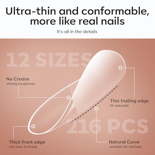 modelones Gel Nail Kit Short Almond Gel Nail Tips, 9-in-One Nail Glue with Portable U V Nail Lamp, 216Pcs 12Sizes Press On Acrylic False Nails Tip Nail Extension DIY Nails Art Gift for Women