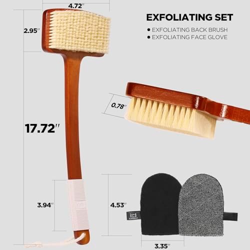 Exfoliation Set-17.71 Inch Boar Bristles Back Scrubber Bath Brush,Shower Brush with No-Slip Curved Handle,Dual-Sided Face Exfoliation Glove