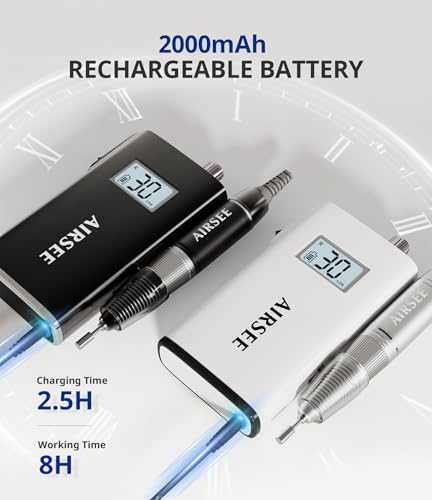 AIRSEE Rechargeable 30000RPM Electric Nail Drill Professional Portable E File Machine for Acrylic Nail Natural Extension Gel Nails Polish Cuticle, Cordless High Speed for Salon Home Use E8 White