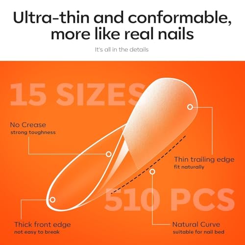 modelones Gel Nail Kit Almond, Upgrade 15Sizes Fake Nails, 9-in-One Glue Dehydrator & Mini U V Light Clipper, 510Pcs Medium Almond Press on Tips for Extension DIY Salon Home Gift