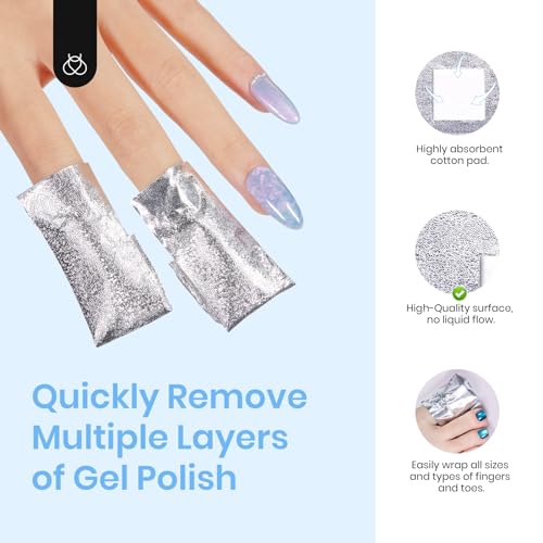 Beetles Gel Polish Remover Nail Foil Wraps 200Pcs, Nail Gel Removal Tool for Soak Off Gel Polish with Thicken Large Cotton Pad, Cuticle Oil & Cuticle Pusher, Droppers for Manicure Care