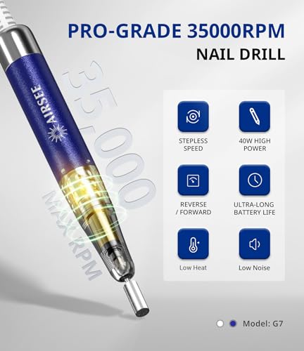 AIRSEE 35000 RPM Professional Electric Rechargeable Nail Drill File Machine for Acrylic Extension Gel Dip Powder Powerful Cordless Portable Efile 56 Sanding Bands 7 Bits LCD Scrn Salon Manicure Use G7
