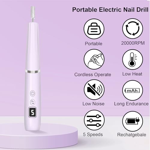 AOMEES Portable Electric Nail File, Cordless Nail Drill with Light for Acrylic, Gel Nails, 12 in 1 Personal Polish Manicure Tools with Nail Drill Bits for Salon Home Use (Lavender)