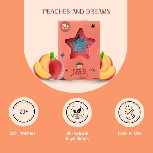 All-Natural Soap-Infused Sponge for Kids and Tweens Body Wash, Gentle on Skin, 20+ Uses (Peaches and Dreams)