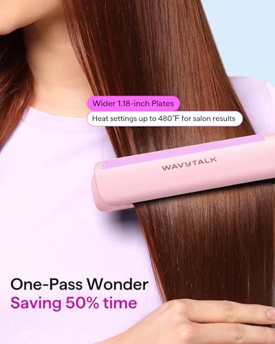 Wavytalk Professional Flat Iron Hair Straightener and Curler 2 in 1, Titanium Flat Iron for One-Pass Wonder 10S Fast Heat Up, Glide & Shine Straightener with Dual Voltage (1.18 Inch)