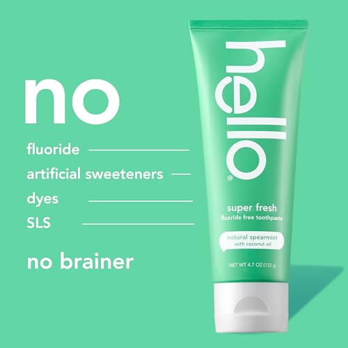 hello Super Fresh Fluoride Free Toothpaste, Toothpaste for Bad Breath, Helps Remove Surface Stains, Natural Spearmint, 3 Pack, 4.7 Oz Tubes