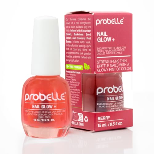 Probelle Nail Glow + Nail Strengthener and Hardener with Sheer Jelly Tint, Hard To Resist Ultra Glowy Nail Shine, Tinted Nails Strengthening Blush for Brittle, Thin, Damaged Nails 0.5 oz (Berry)