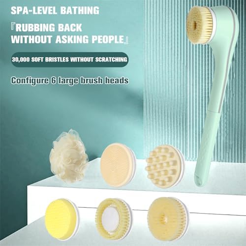 Electric Body Brush, Electric Shower Scrubber, Long Handle Body wash applicator, Silicone Back Brush, 6 Shower Brush Heads ，for Cleaning, Massage and Exfoliation (Light Green)