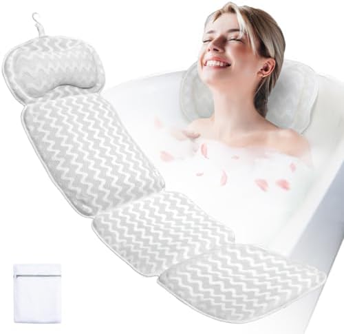 Bath Pillows for Tub,Full Body Bath Pillow for Bathtub,Luxury Bathtub Pillow – Extra Soft Tub Cushion for Head, Neck & Back Support, Skin-Friendly and Comfortable, 4D Air Mesh,Laundry Bag,Quick-Drying
