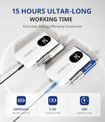 AIRSEE 35000 RPM Professional Electric Rechargeable Nail Drill File Machine for Acrylic Extension Gel Dip Powder Powerful Cordless Portable Efile 56 Sanding Bands 7 Bits LCD Scrn Salon Manicure Use G7