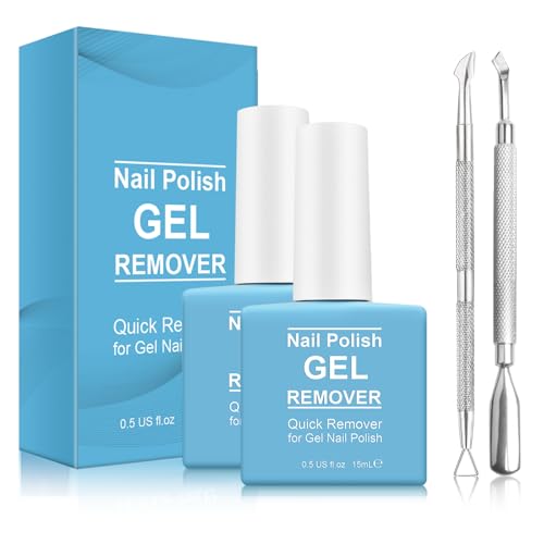 2 Pack Gel Nail Polish Remover, Gel Polish Remover for Nails, Easily Magic Soak-Off Gel Polish in 2-5 Minutes - Safe, No Need For Foil, Soaking Or Wrapping (with 1 Cuticle Pusher and Nail Scraper)