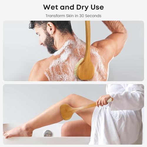 Bamboo Back Scrubber with Curved Long Handle, 17.3 Inches Exfoliating Shower Brush with Stiff Bristles for Men and Women, Back Washer Body Exfoliator for Bath or Dry Brushing
